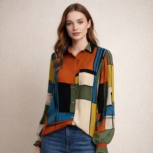 Tahari Women’s Retro Color Block Drapey Button Down Long Sleeve Top Size Large